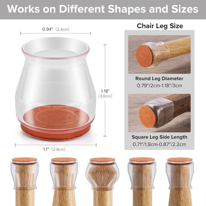 24PCS Upgraded Silicone Chair Leg Floor Protectors for Hardwood Floors, Furniture Sliders for Chair Legs, Felt Bottom Furniture Pads, Anti-Slip Round&Square Cap Covers to Scratch and Reduce Noise