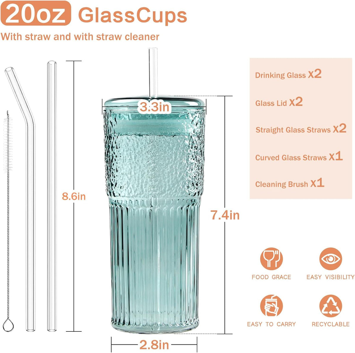 Gosche Glass Coffee Cups with Lids and Straws 20oz, High Borosilicate Drinking Jar Water Cups, Glass Tumbler for Tea Coffee Milkshake, Green, 2 Pcs