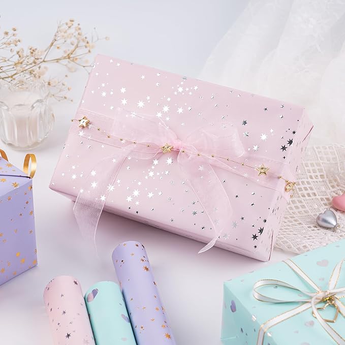 WRAPAHOLIC Wrapping Paper Roll - Mini Roll - 3 Rolls - 17 inch X 120 inch Per roll - Pastel Color and foil Patterns for Wedding, Bridal Shower, Birthday, Baby Shower, Mother Day, Valentine's Day