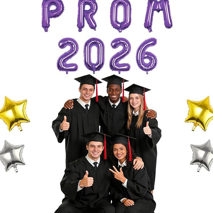 Prom 2026 Balloons Decorations, 16 Inch Foil Letter Number Balloons with 18 Inch Silver Purple Star Balloons for High School College Graduation Gift Retirement Ins Photo Party Supplies