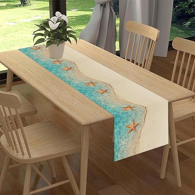 Summer Ocean Starfish Table Runner, Tropical Coastal Blue Sandy Clear Sea Water Waves Coffee Table Center Deco, for Family Kitchen and Living Room Farmhouse Party Table Decorations, 13" X 36"