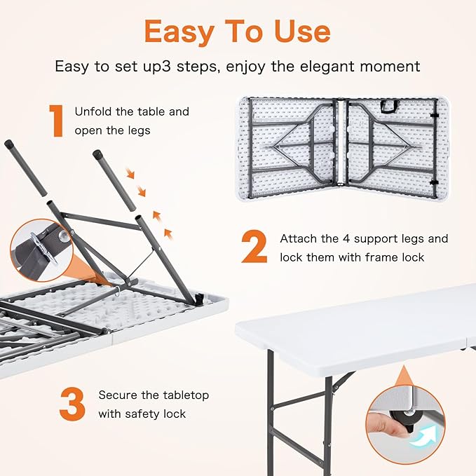 Sweetcrispy 6 FT Folding Picnic Table Easy to Fold and Store, Foldable Table for Camping Picnic Dining Party Kitchen Outdoor Indoor with Carrying Handle