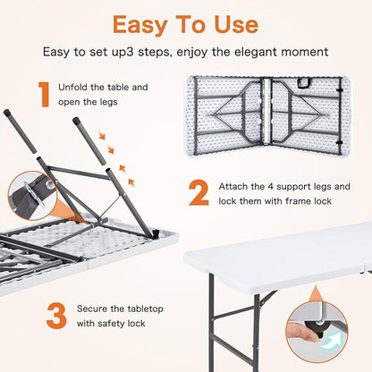 Sweetcrispy 6 FT Folding Picnic Table Easy to Fold and Store, Foldable Table for Camping Picnic Dining Party Kitchen Outdoor Indoor with Carrying Handle