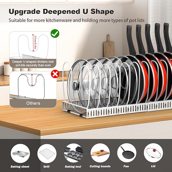 Housolution Pot and Pan Organizer Rack for Cabinet, Upgraded Expandable Pot Lid Organizer with 14 Adjustable Dividers, Pan Holder Storage Rack for Kitchen Cabinet, White