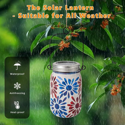 Starsoul Solar Lanterns Outdoor Waterproof, Mosaic Flowers Glass Solar Hanging Outdoor Lights, Decorative Solar Lantern for Outside Pathway Patio Porch Yard Decor
