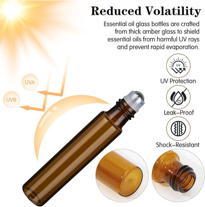 10pcs Amber Essential Oil Roller Bottles, 10ml Roller Bottles for Essential Oils, Refillable Roller Balls for Essential Oils, with Stainless Steel Roller Balls, 2 Droppers for Travel, Perfume and Lip