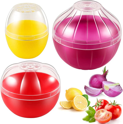 Vegetable and Fruit Storage Containers for Fridge, 3 Pieces BPA Free Reusable Food Saver - Tomato, Lemon, Onion Keeper Holder - Refrigerator Vegetable Crisper for Keeping Food Fresh Longer