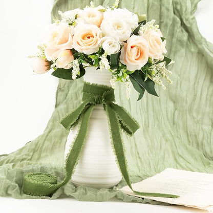 Moss Green Cotton Ribbon 5/8 Inch Moss Green 3 Rolls 21 Yards Frayed Edge Fabric Set for Rustic Wedding Decor, Bridal Bouquet Wrap, Woodland Theme Party, Baby Shower & Wreath Making