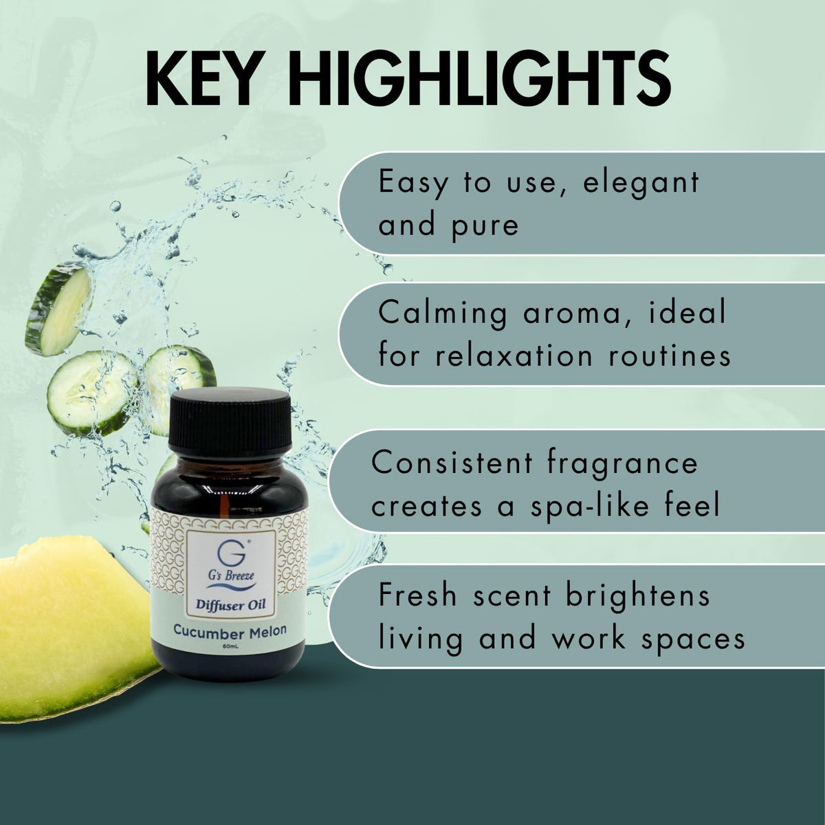 G's Breeze Cucumber Melon Diffuser Oil Refill - Refreshing, Sweet & Juicy Aroma, 48 Hour Long-Lasting Scent, Odor Eliminating Fragrance for Home & Office - 60 ML