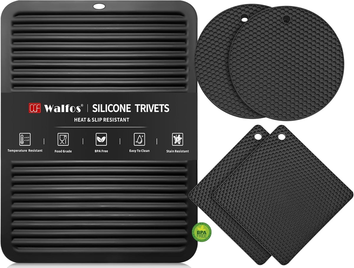 Walfos XXL Silicone Trivet 16 Inch and Round & Square Trivets 7 Inch, Trivets for Hot Pots and Pans, Heat Resistant Pot Holders Hot Pads for Kitchen Quartz Countertops, Hot Dishes, 5 Pack