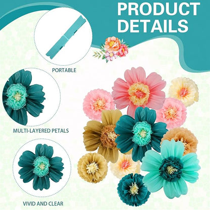 Crowye 12 Pcs Large Colorful Tissue Paper Flowers Decorations Giant Fiesta Craft Crepe Paper Flowers for Wall Decor Backdrop Mexican Wedding Birthday Carnival Party (10'' 20'',Stylish Color)