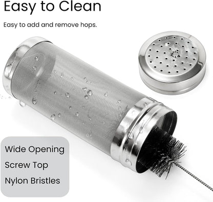 2 Pack Beer Dry Hopper Filters, 2.8 x 7 inch 300 Micron Mesh Hop Strainer with Lid, Stainless Steel Beer Hop Spider with Nylon Bristles