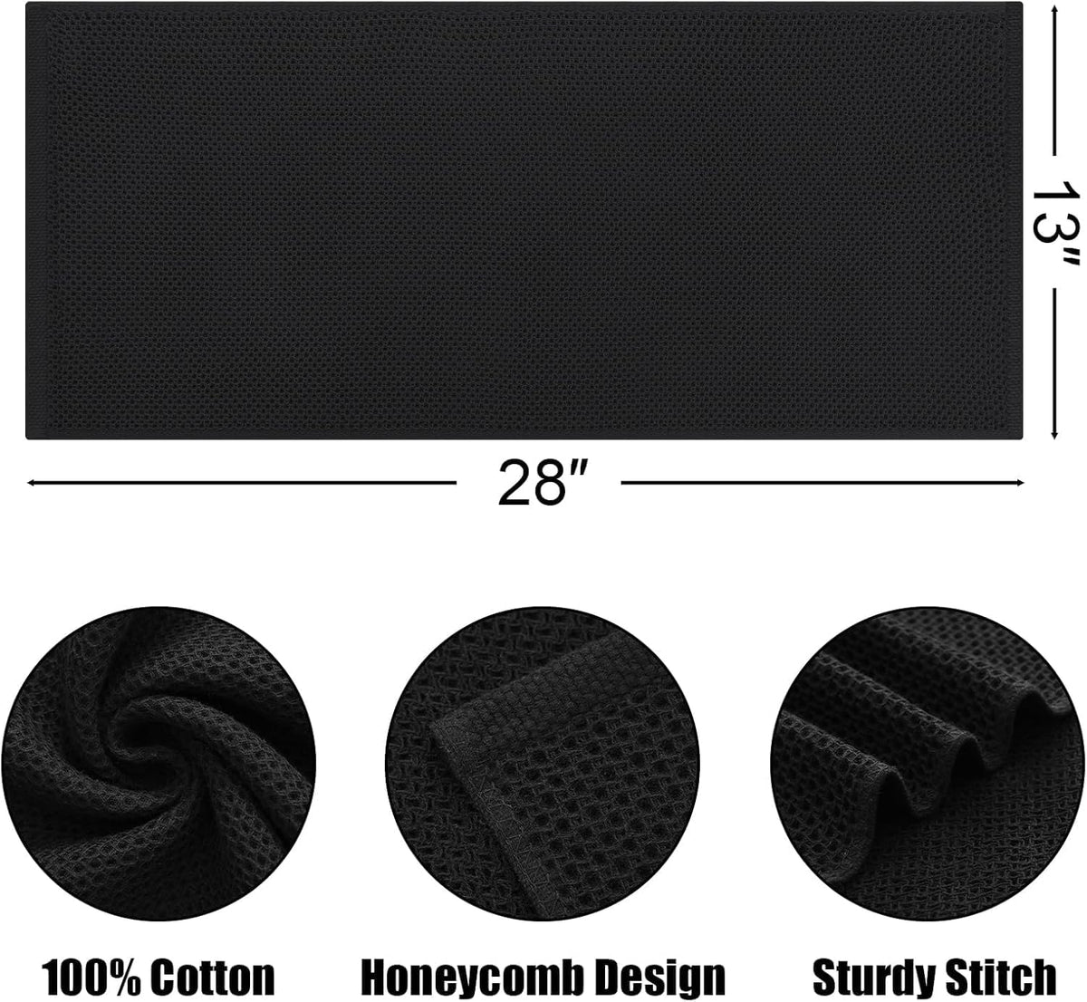 Kitinjoy 100% Cotton Waffle Weave Kitchen Towels, 12-Pack Super Soft and Absorbent Kitchen Dish Towels for Drying Dishes, Kitchen Hand Towels, 13 in x 28 in, Black