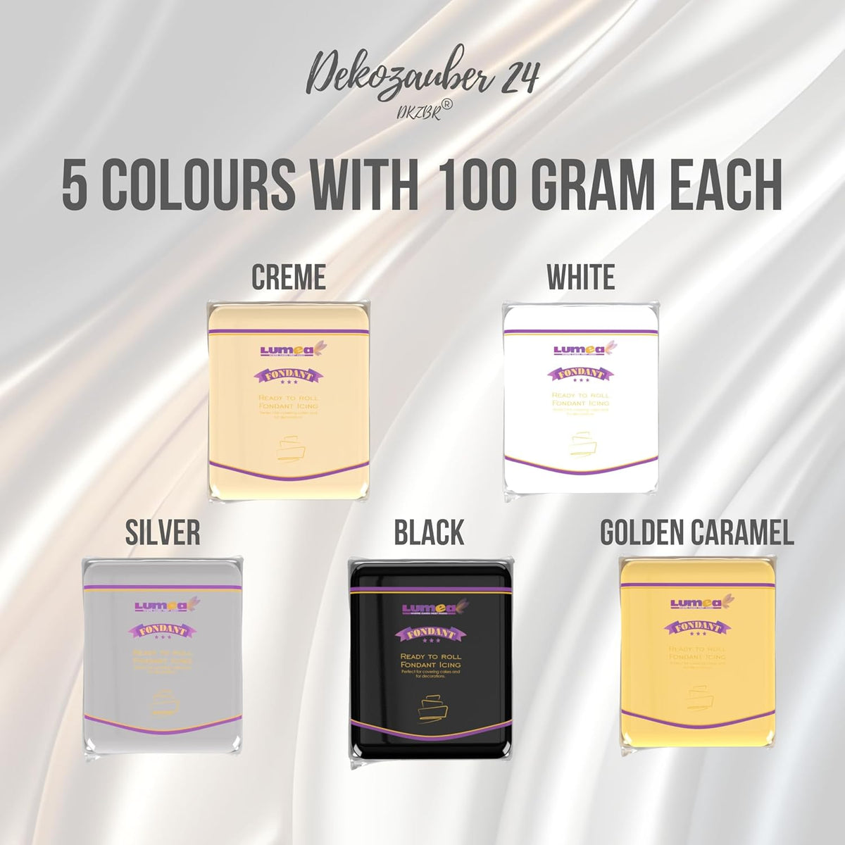 Dekozauber24 Fondant icing multipack, 5 colors, 3.5oz (100g) rolled fondant per color, for cakes, cupcakes and figurines in white, black, cream