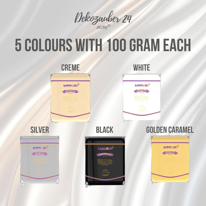 Dekozauber24 Fondant icing multipack, 5 colors, 3.5oz (100g) rolled fondant per color, for cakes, cupcakes and figurines in white, black, cream
