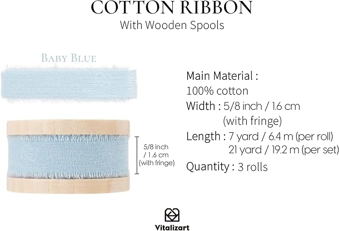 Vitalizart Baby Blue Cotton Ribbon Handmade Fringe 5/8" x 21 Yd Pure Natural Cotton Ribbons for Gift Wrapping Wedding Invites Bridal Shower Bouquets Holiday Decor