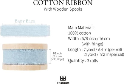 Vitalizart Baby Blue Cotton Ribbon Handmade Fringe 5/8" x 21 Yd Pure Natural Cotton Ribbons for Gift Wrapping Wedding Invites Bridal Shower Bouquets Holiday Decor