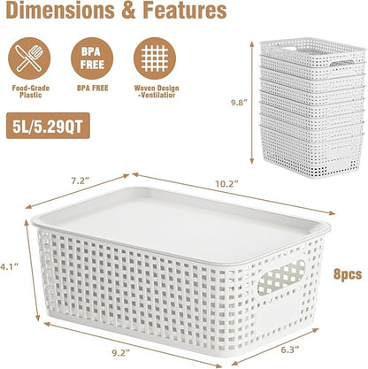 8 Pcs Plastic Storage Baskets with Lids, Stackable Storage Bins with Lids & Labels for Organizing, Small Storage Bins for shelves Office Drawer Cabinet & Pantry Nursery Organization,10.2*7.2*4.1In