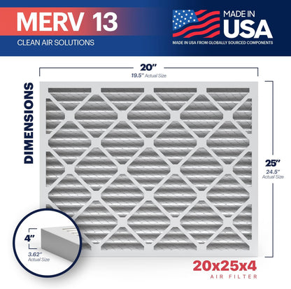 BNX TruFilter 20x25x4 (19.5’’ x 24.5’’ x 3.63‘’ Slim Fit) MERV 13 Air Filter (2-Pack) - MADE IN USA - Air Conditioner HVAC AC Furnace Filters Health, Allergies, Mold, Bacteria, Smoke, MPR 1900 FPR 10