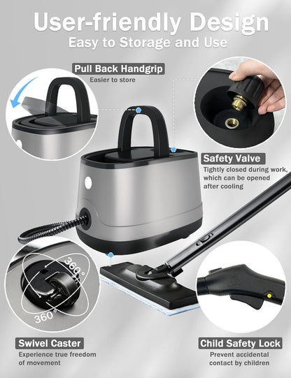 Steam Cleaner for Home, Xyloset Powerful Multipurpose Portable Steamer for Floors, Cars,Tiles, Home Use, 5 Mins Quick Heating, 1.5L Capacity, 20 Acc