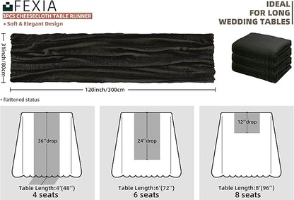 FEXIA 3 Pack Black Cheesecloth Table Runner 30x118 Inches Rustic Boho Gauze for Wedding Baby Shower Bridal Shower First Communion and Home Decorations