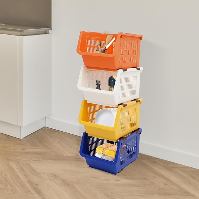 4-Pack Stackable Storage Baskets with 2 Wheels, Large Capacity 38.58 lbs Stackable Storage Bins Open Front, Space Saving Home Organization for Kitchen Bedroom Office (Morandi, 9.5*13.4*29.9 in)