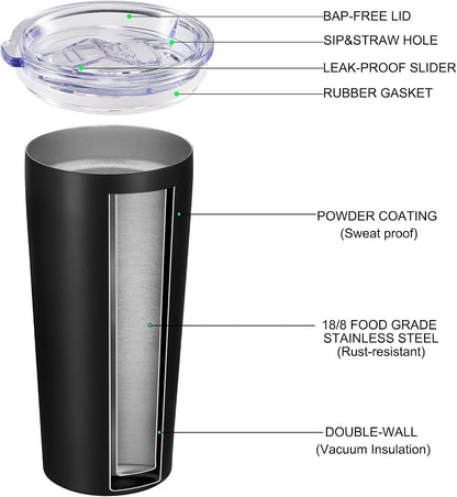 Vegond 20oz Tumbler Bulk with Lid and Straw 6 Pack, Stainless Steel Vacuum Insulated Tumbler, Double Wall Coffee Cup Travel Mug, Black