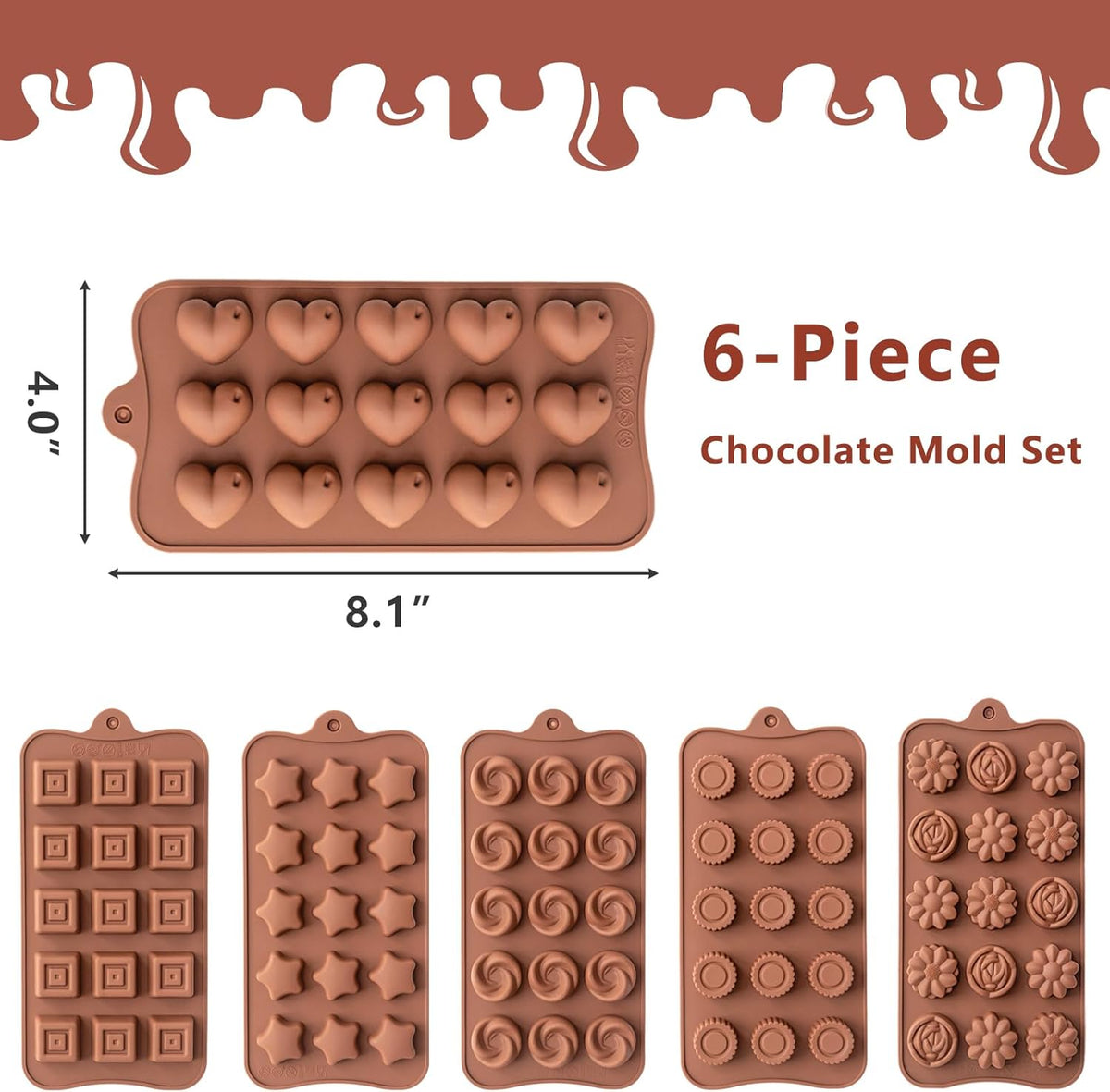 6 Pack Chocolate Molds Candy Molds Silicone, Food-Grade Non-Stick Jello Mold, Crayon Mold, Silicone Baking Mold, BPA Free, including Flower, Heart