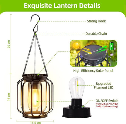 Solar Hanging Lanterns Outdoor Waterproof: 4 Pack Metal Solar-Powered Lights with Hook, Bright Warm Lantern Decor for Outside, Classic Outdoor Lighting for Yard Garden Patio Porch Balcony Decorations