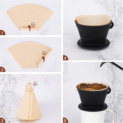 Segarty Pour Over Coffee Maker Set, Black Silicone Dripper Single Cup With 200 Count Cone Filters Paper Size 2