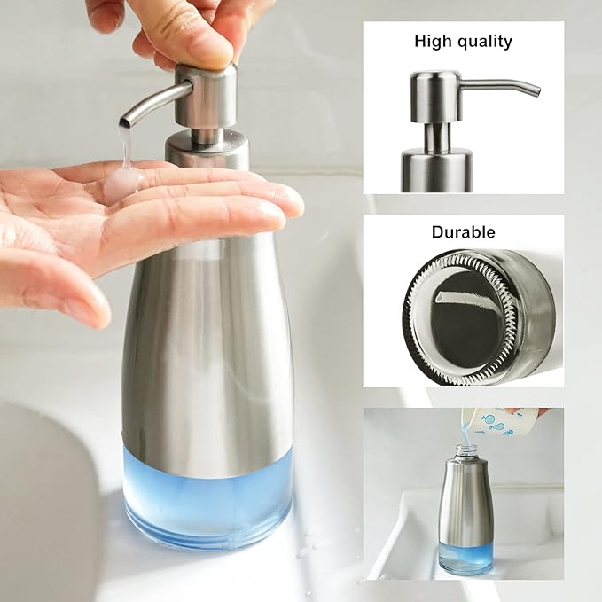 AUMIO 2 Pack Soap Dispenser Stainless Steel Case Glass Liner Hand Pump Dispenser, Refillable Liquid Hand Soap Dispenser for Bathroom & Kitchen - Brushed Nickel, Silver & Black