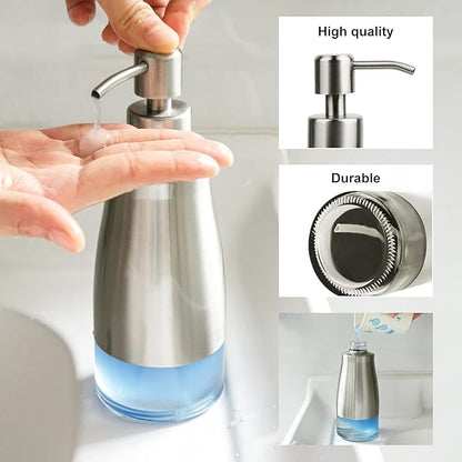 AUMIO 2 Pack Soap Dispenser Stainless Steel Case Glass Liner Hand Pump Dispenser, Refillable Liquid Hand Soap Dispenser for Bathroom & Kitchen - Brushed Nickel, Silver & Black