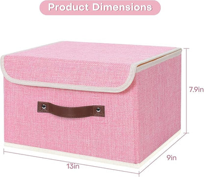 ANMINY 4PCS Storage Bin with Lid Storage Boxes with PU Leather Handles PP Plastic Board Decorative Foldable Lidded Cotton Linen Fabric Home Cubes Baskets Closet Organizer Container - Pink, Medium