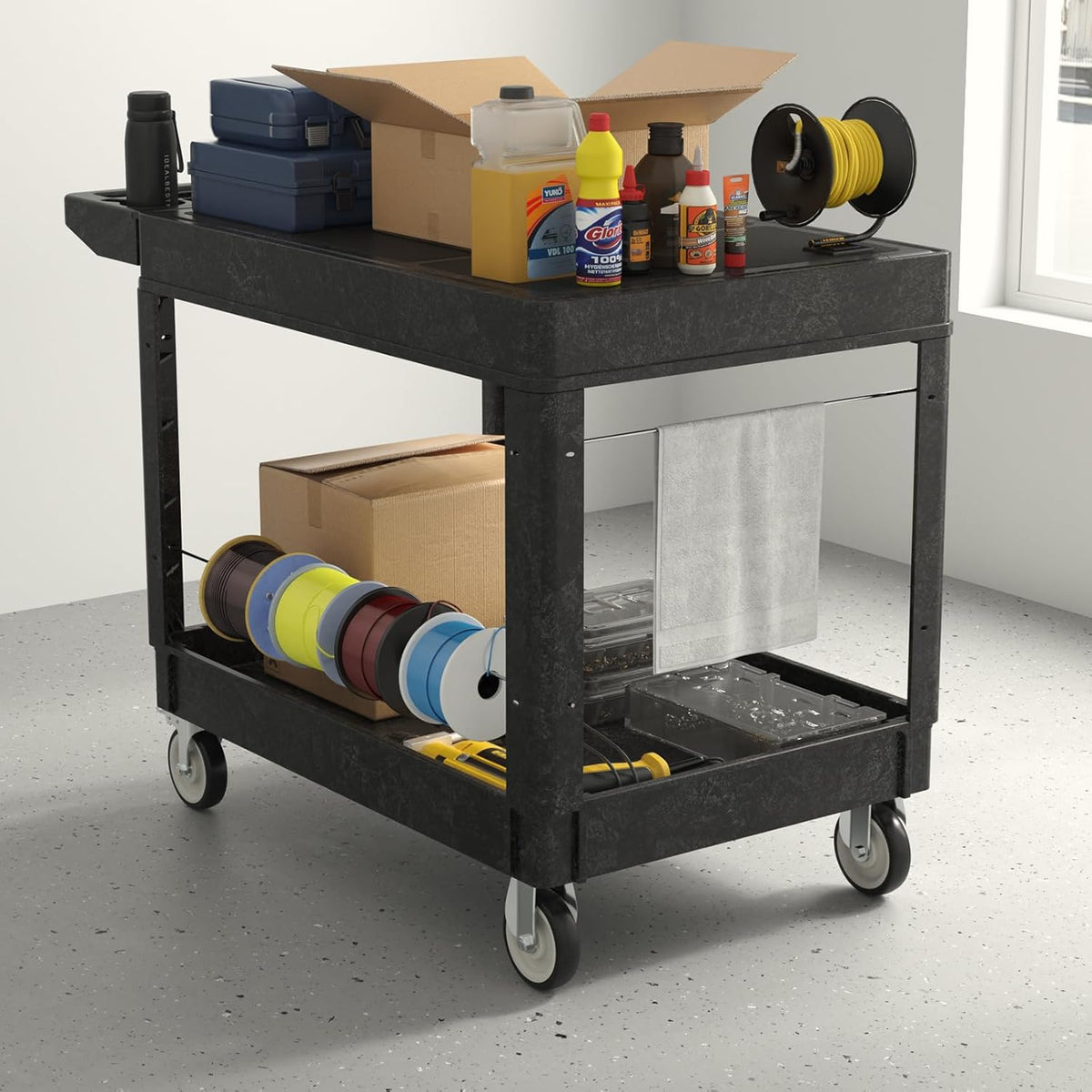 Utility Cart on Wheels, Heavy Duty Large Flat Top Rolling Service Cart, 46 x 25 Inch Work Carts, 2 Shelf 1000 lbs Capacity Plastic Tool Cart, for Warehouse, Garage, Cleaning, Black