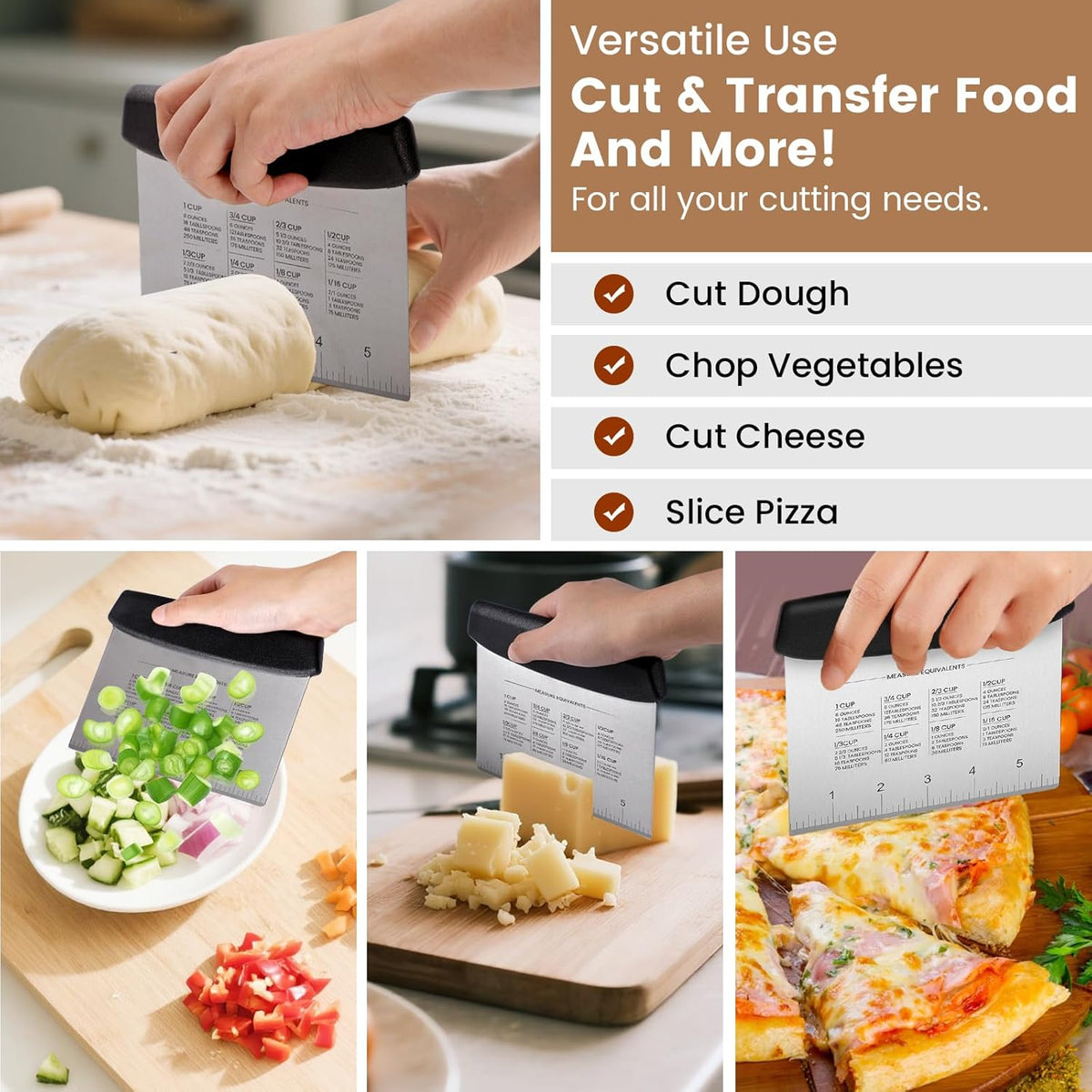 Schvubenr Premium Dough Scraper Set with 2 Flexible Bowl Scrapers - Stainless Steel Dough Cutter & Bench Scraper with Measuring Scale