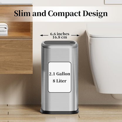 2.1 Gallon Bathroom Trash Can with Lid Press Top, 8 Liter Stainless Steel Garbage Can with Press Type Lid, Slim Trash Bin Waste Basket for Toilet, Office, Bedroom, Living Room (Silver)