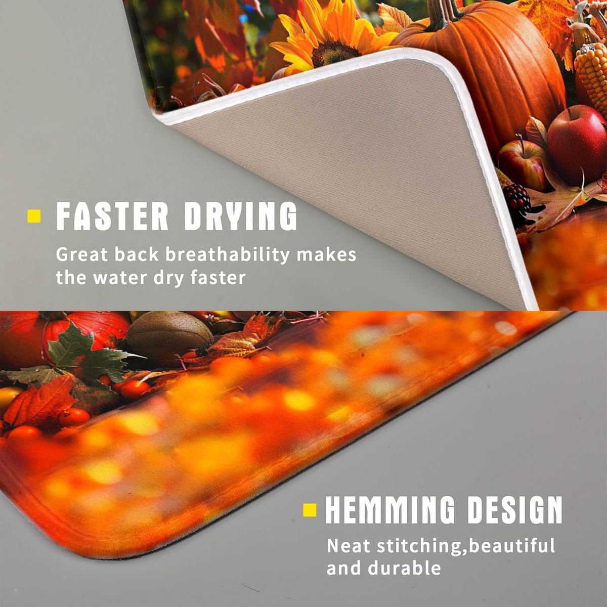 Fall Harvest Pumpkin Dish Drying Mat for Kitchen Counter,Thanksgiving Maple Leaves Sunflower Drying Mat 16 x 18 Inch with Absorbent Reversible