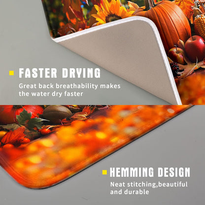 Fall Harvest Pumpkin Dish Drying Mat for Kitchen Counter,Thanksgiving Maple Leaves Sunflower Drying Mat 16 x 18 Inch with Absorbent Reversible