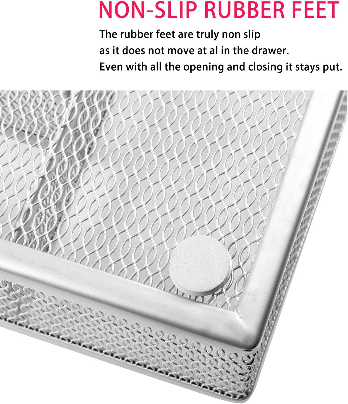 JANE EYRE Drawer Organizer, Cutlery Tray Silverware Flatware Storage Divider for Kitchen, Mesh Wire with Non-slip Foam Feet, 5 Component, Silver