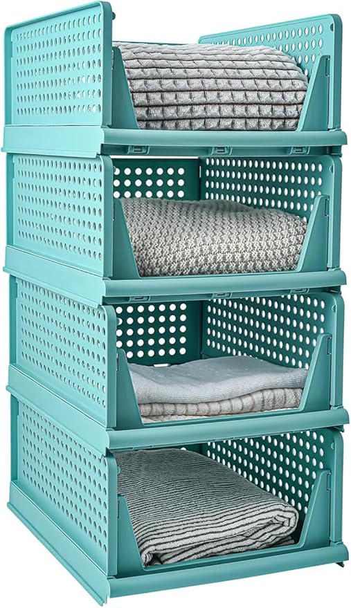 Stackable Wardrobe Organizer for Clothes - Multipurpose Foldable Plastic Closet Storage Organizer for Kitchen, Bedroom & Bathroom (Pack of 4, Blue)