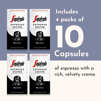 Segafredo Zanetti Espresso Capsules - Ovation, 4 Packs of 10 Pods | Dark Roast, Aluminum Pods for Nespresso Original Machines, Premium Espresso with a Full-Bodied Aroma, Strong, Intensity 11