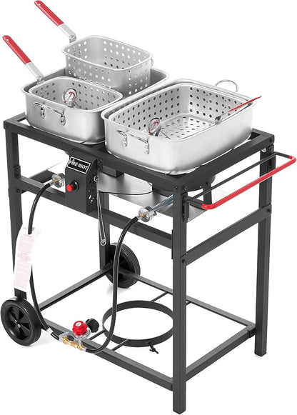 Propane Outdoor Double Burner Deep Fryer Cart, 2-18QT Aluminum Pots & Frying Baskets, Best for Fish Fry, Wings, Fries, Canjun Fry