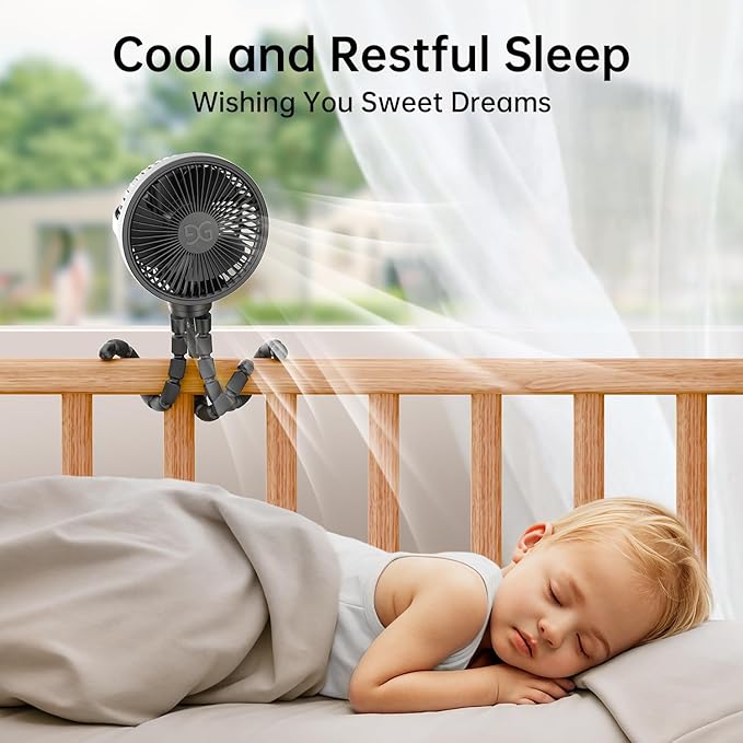 Mini Portable Handheld Fan USB Rechargeable Battery Operated, Stroller Fan with Flexible Tripod Clip on for Baby (Jet Black)