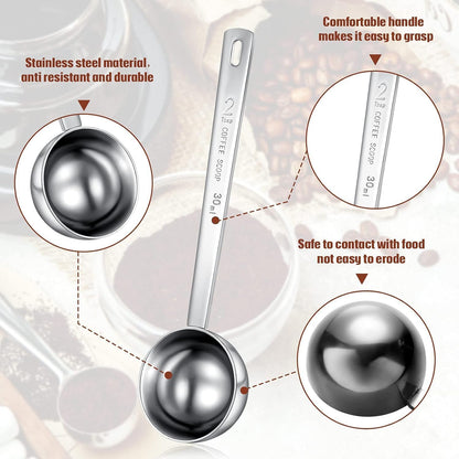 Geiserailie 8 Pieces 2 Tablespoon Scoops with Long Handle, 30 ml Stainless Steel Measuring Spoon for Coffee Milk Fruit Powder, Loose Tea Dry