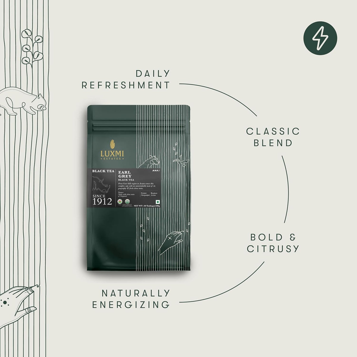 Luxmi Estates Garo Hills Organic Earl Grey Black Tea 50 Tea Bags (100gm) Pack, USDA Organic - Earl Grey Tea Bags, 100% Natural Bergamot Extracts