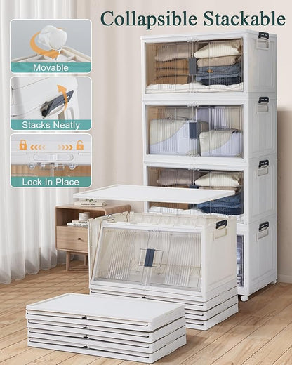 OlarHike 97QT Stackable Storage Bins with Lids - Folding Storage Box with Doors and Wheels, Collapsible Plastic Storage Drawers for Closets and Organization, Garage, Office, Cabinet, 4 Pack Cubes