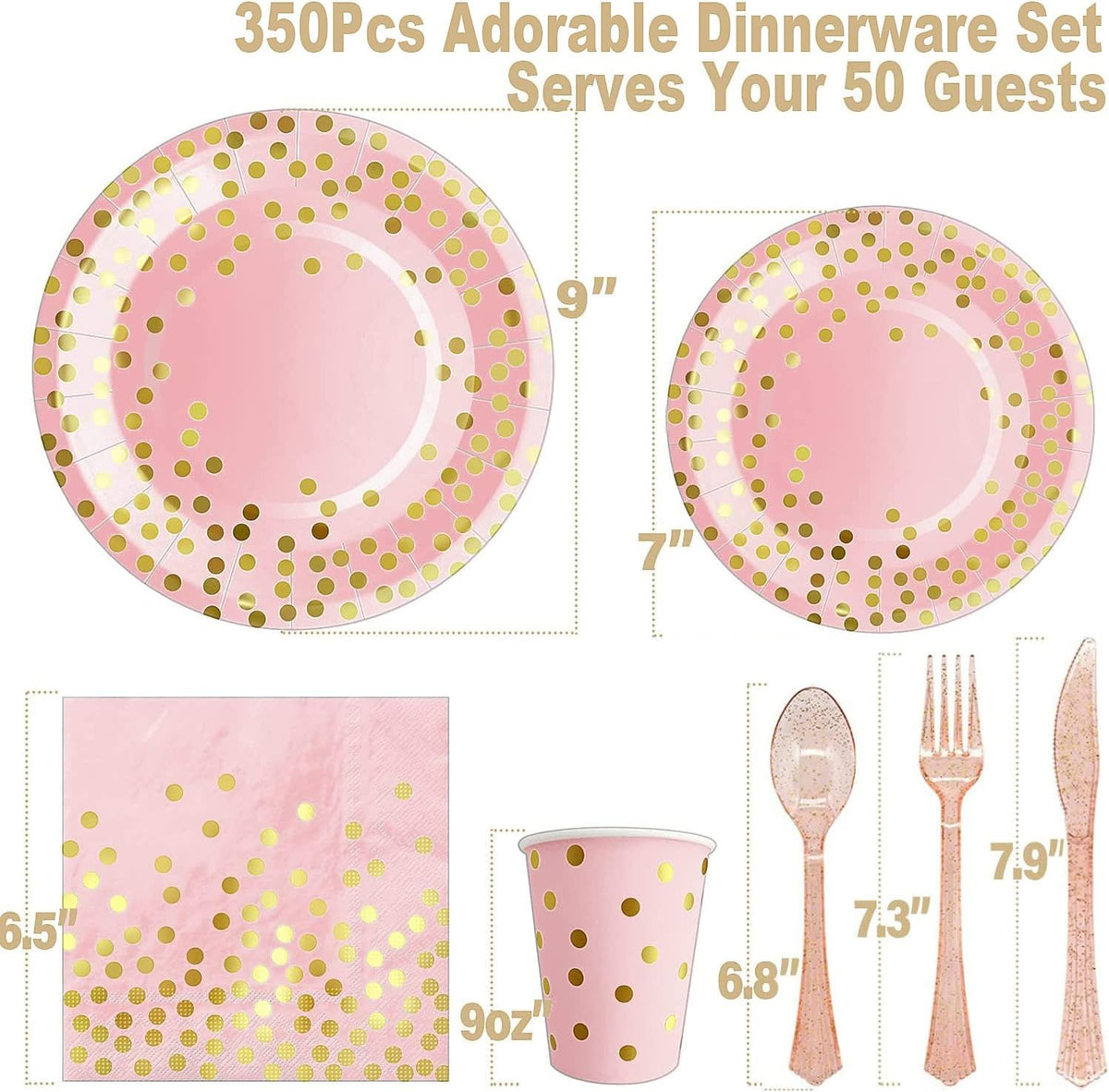 AIRE 350PCS Pink and Gold Party Supplies, Severs 50 Disposable Partyware, Gold Plastic Cutlery, Napkins, Plates for Baby Shower, Birthday, Wedding