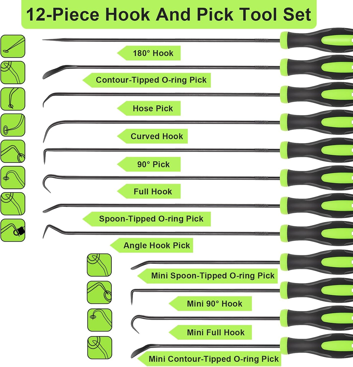 12PCS Automotive Hook and Pick Tool Set,Long & Mini Precision Puller Remover Tool Kit for Auto O-Ring,Seal & Gasket Removal