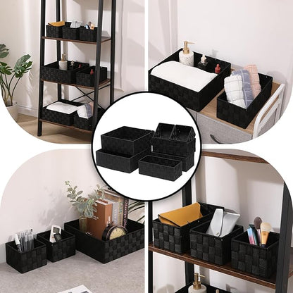 Storage Bins Woven Organizer Set of 7 – Polypropylene Storage Baskets with Metal Frame, Stackable Fabric Boxes for Drawers, Closet, Shelf, Nursery and Office, Black