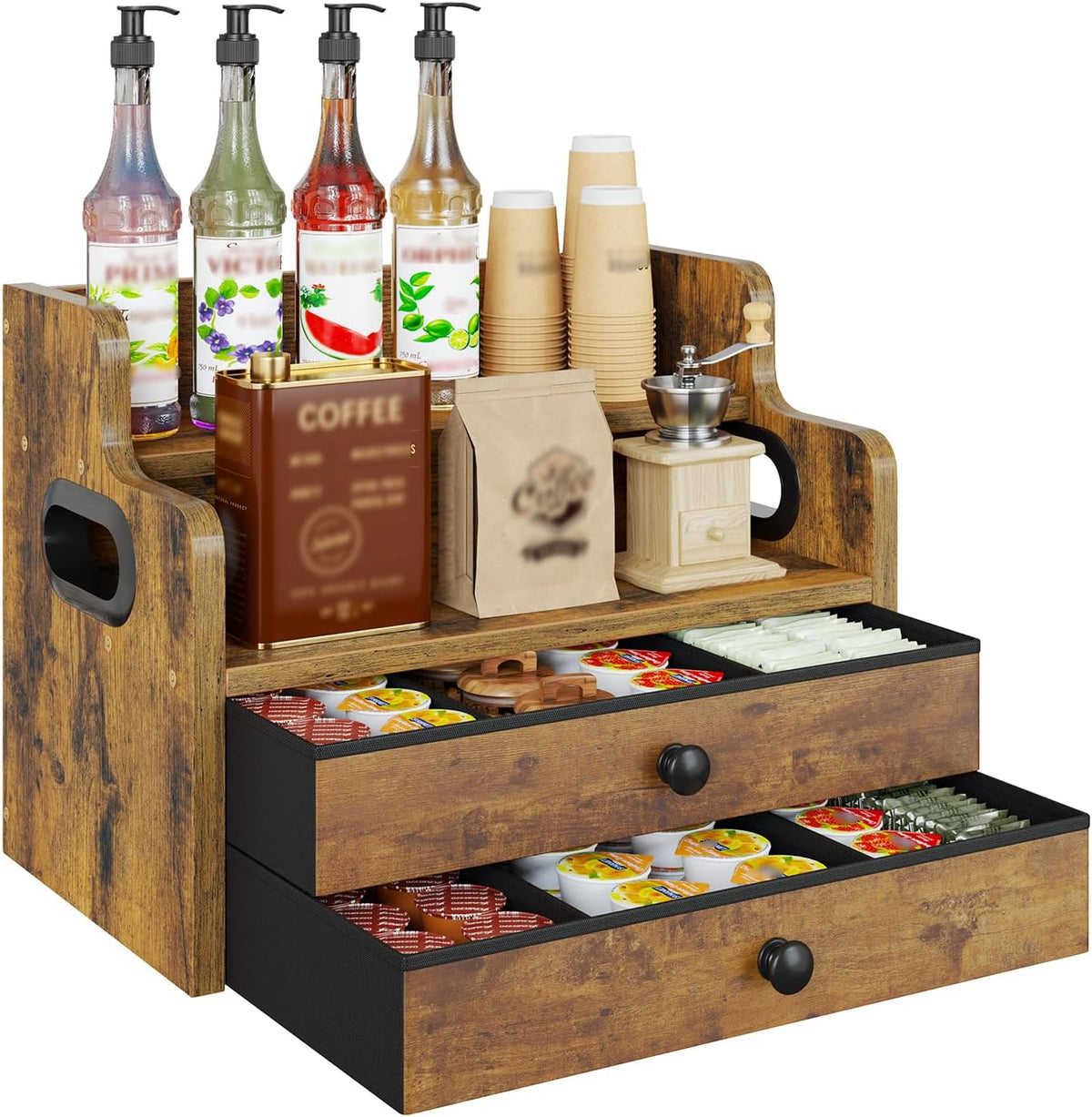 Wood Coffee Syrup Rack Organizer, 4 Tier Coffee Station Organizer with Drawers, Liquor Bottle Display Shelf for Coffee Bar Countertop